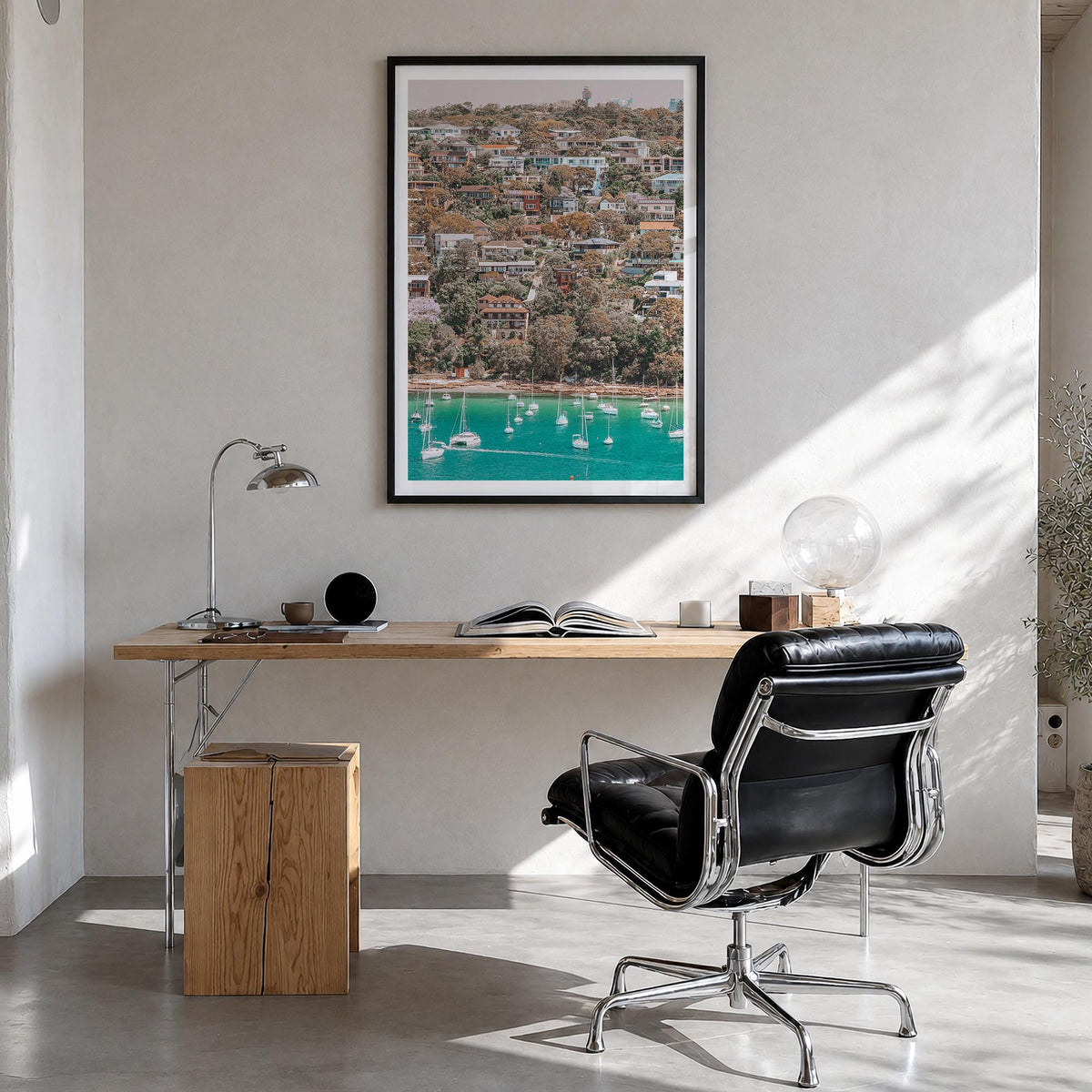 Manly Beach colorful photo poster of Sydney, New South Wales – vertical wall art in black wood frame with white border, hangi