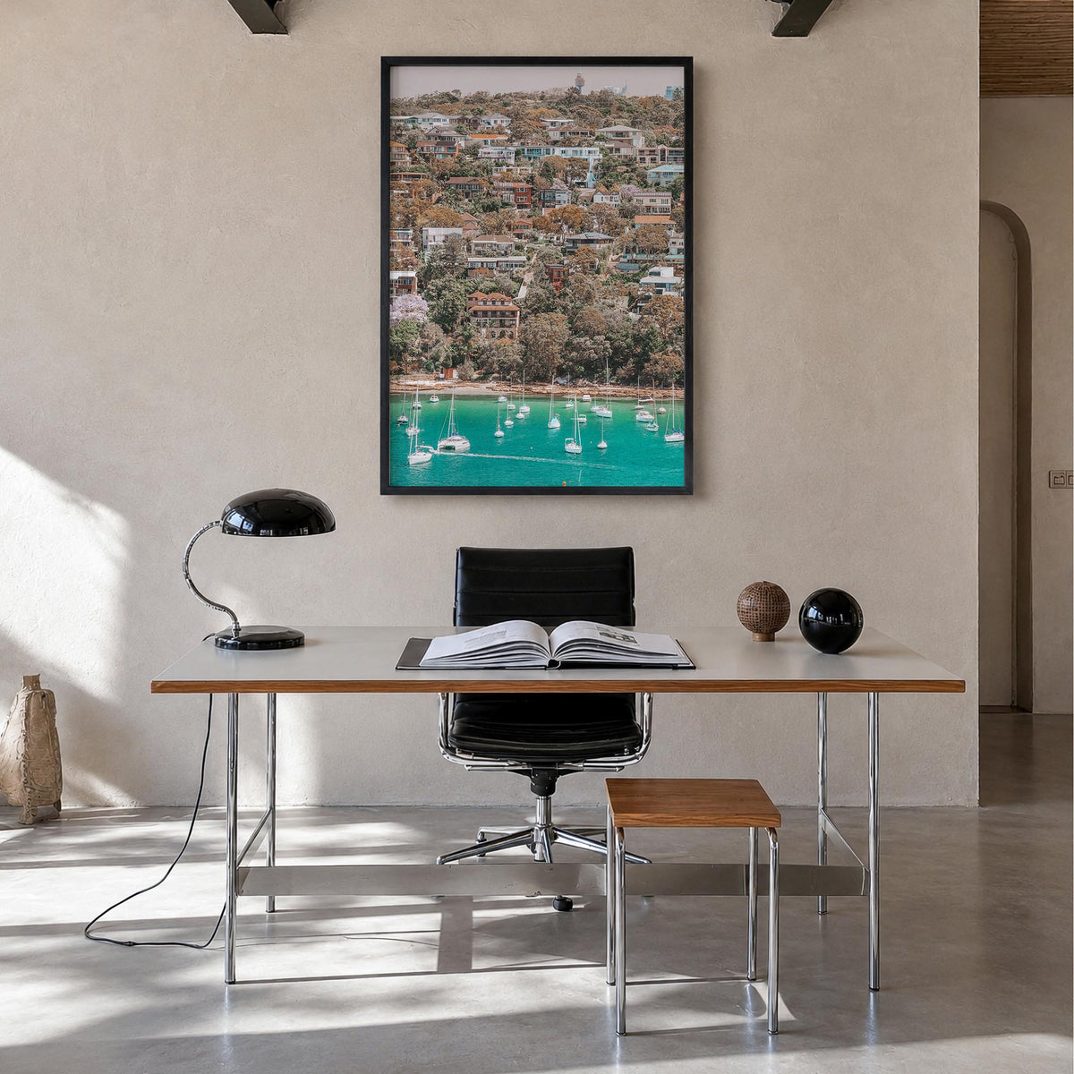 Manly Beach colorful photo poster of Sydney, New South Wales – vertical wall art in black wood frame, hanging on wall