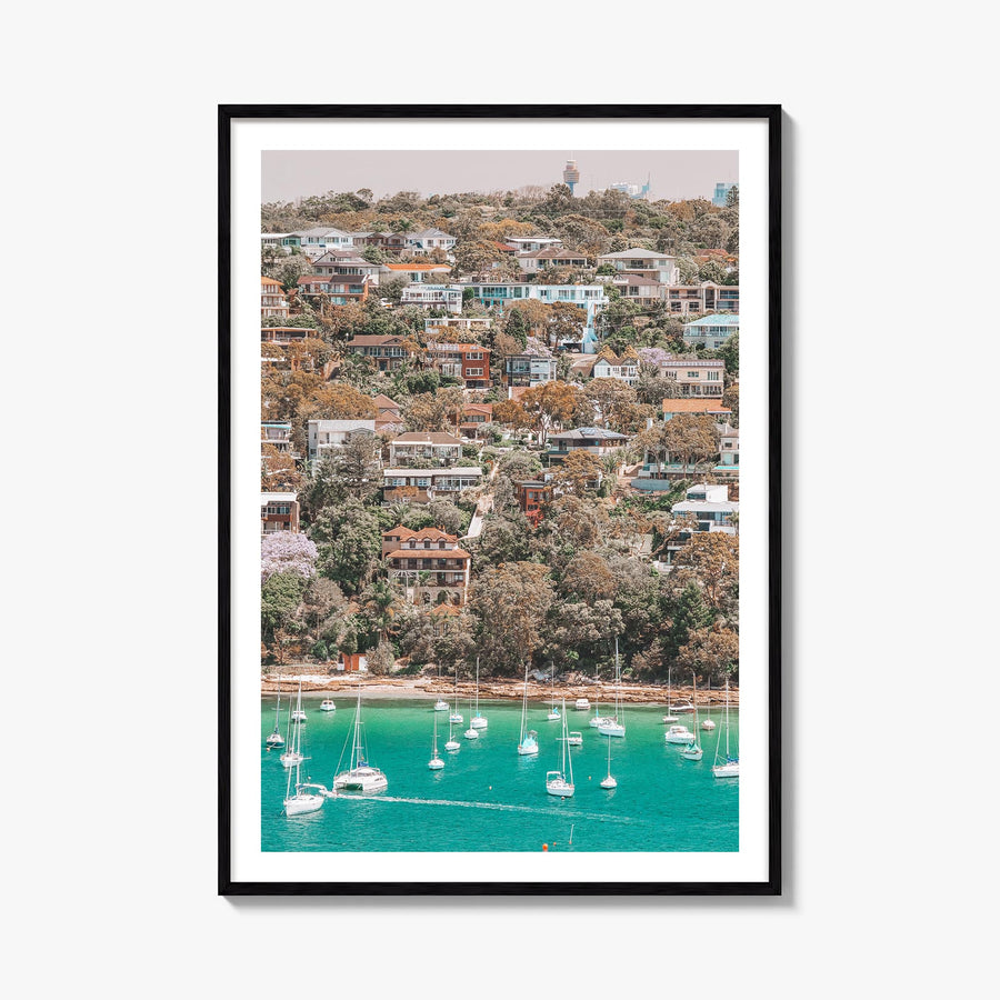Manly Beach colorful photo poster of Sydney, New South Wales – vertical wall art, unframed print shown in interior mockup