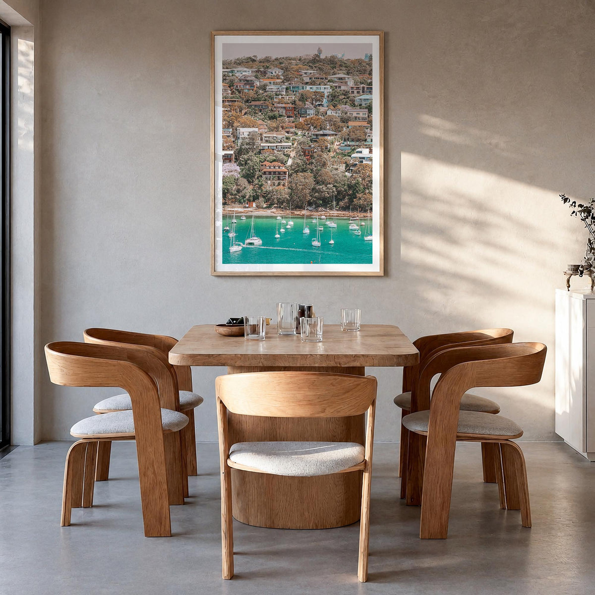 Manly Beach colorful photo poster of Sydney, New South Wales – vertical wall art in natural wood frame with white border, han