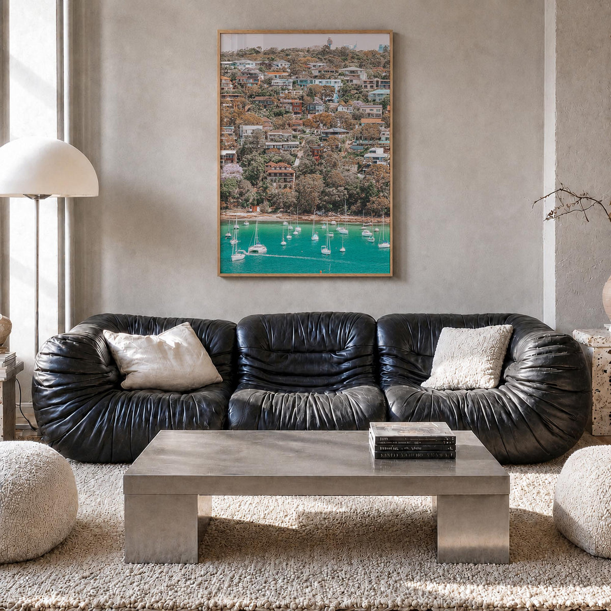 Manly Beach colorful photo poster of Sydney, New South Wales – vertical wall art in natural wood frame, hanging on wall