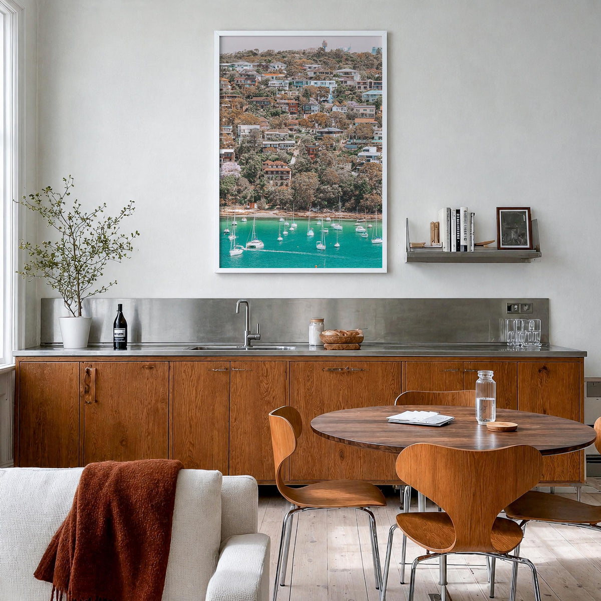 Manly Beach colorful photo poster of Sydney, New South Wales – vertical wall art in white wood frame, hanging on wall