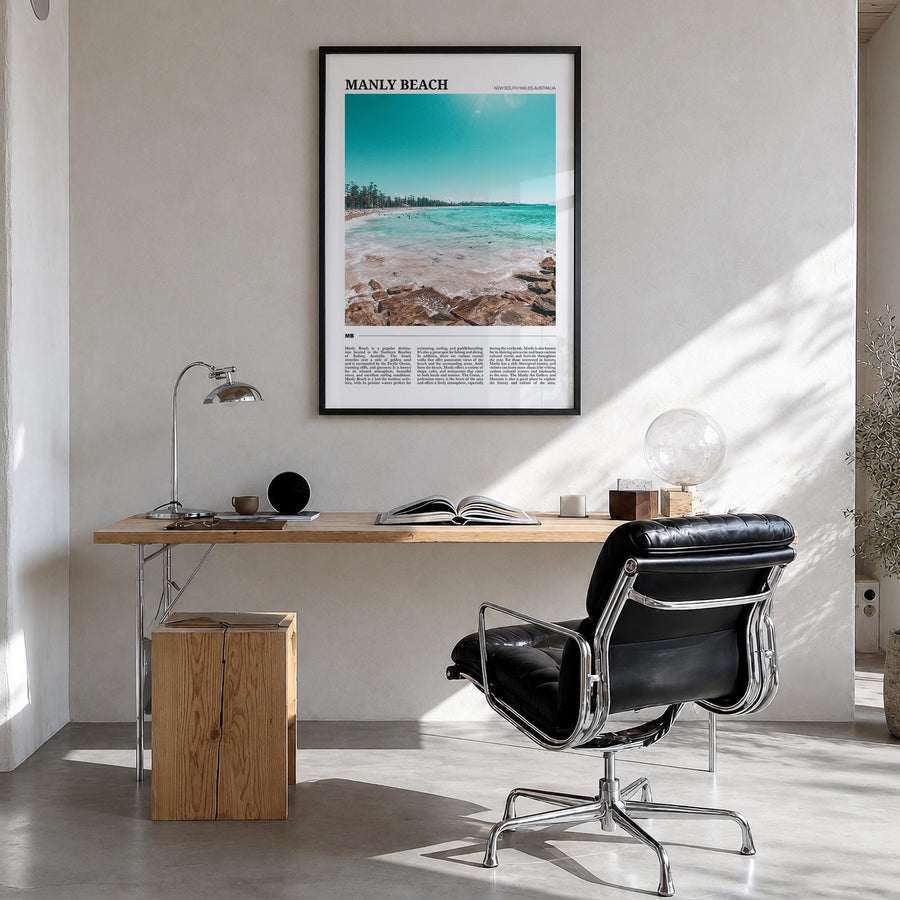Manly Beach colorful travel poster of Sydney, New South Wales – vertical wall art in black wood frame, hanging on wall