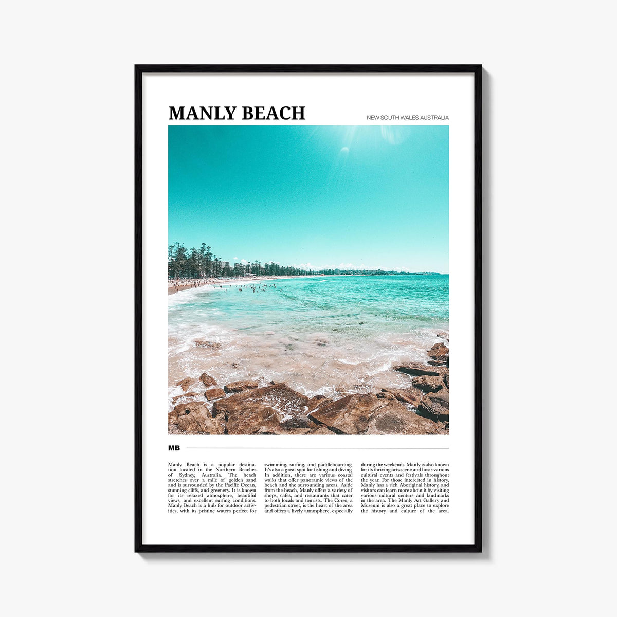 Manly Beach colorful travel poster of Sydney, New South Wales – vertical wall art, unframed print shown in interior mockup