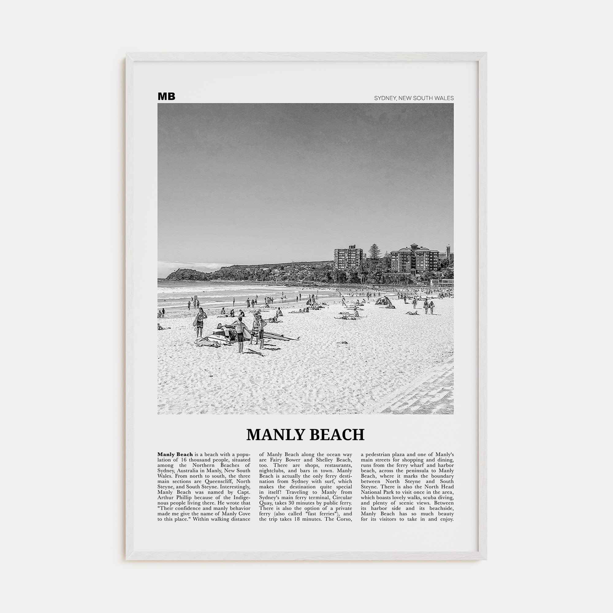 Manly Beach Poster White Wood / 8x12 in Nbourhood Travel B&W Poster