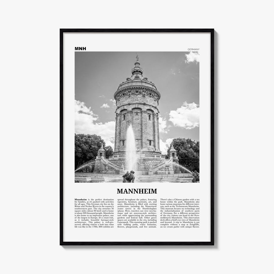 Mannheim black & white newspaper poster of Germany – vertical wall art, unframed print shown in interior mockup