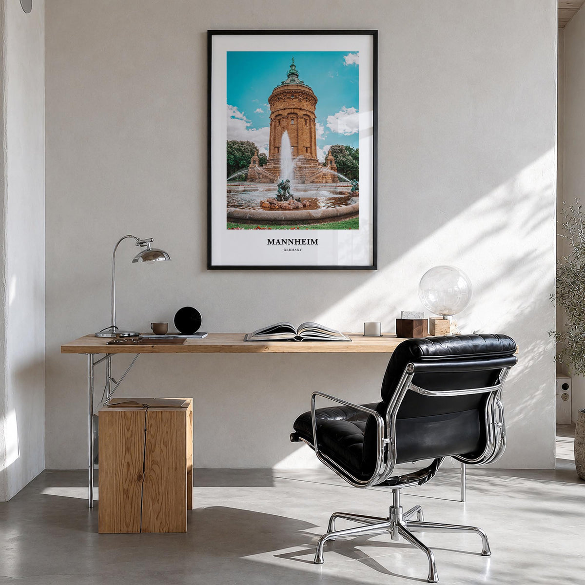 Mannheim colorful classic poster of Germany – vertical wall art in black wood frame, hanging on wall