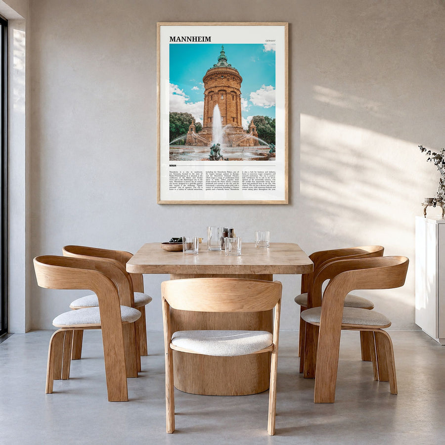 Mannheim Travel Poster in a natural wood frame, hanging in a dining room