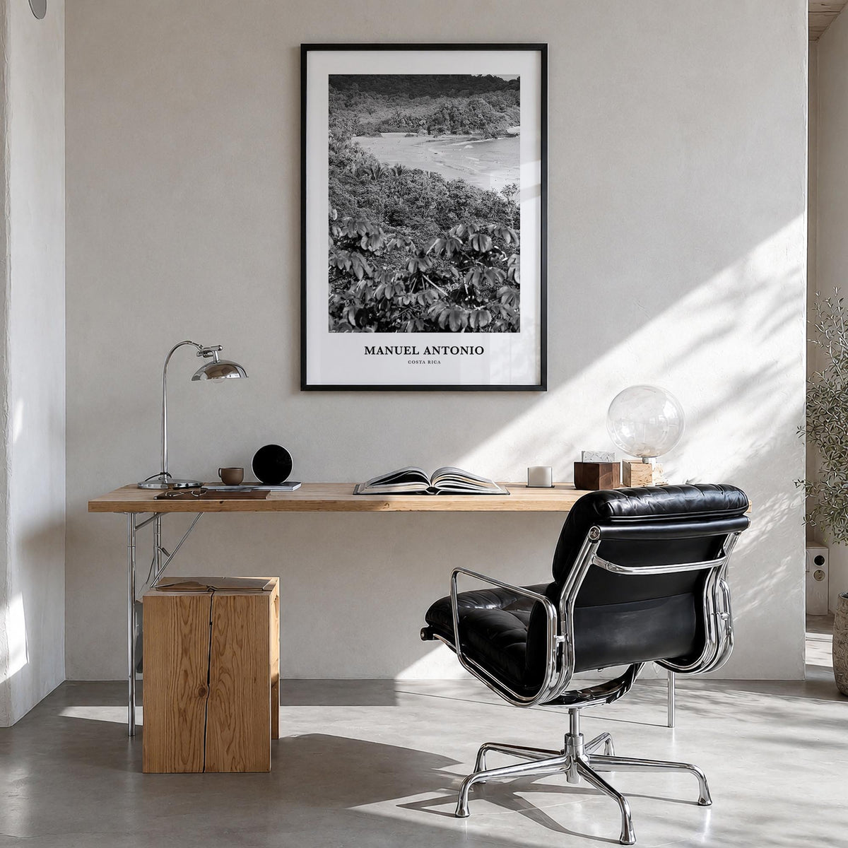 Manuel Antonio National Park black & white classic poster of Costa Rica – vertical wall art in black wood frame, hanging on w