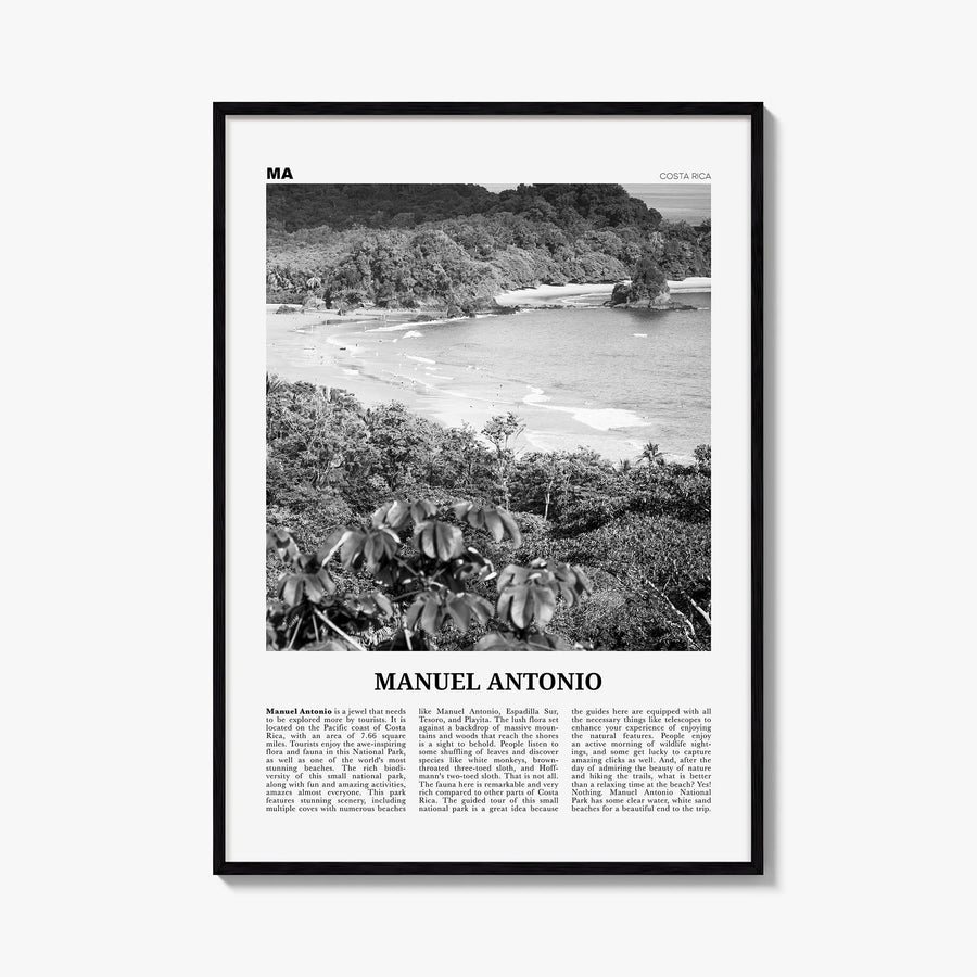 Manuel Antonio National Park black & white newspaper poster of Costa Rica – vertical wall art, unframed print shown in interi