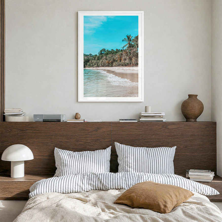 Manuel Antonio National Park Photo Poster in a white wood frame, hanging in a bedroom, white border