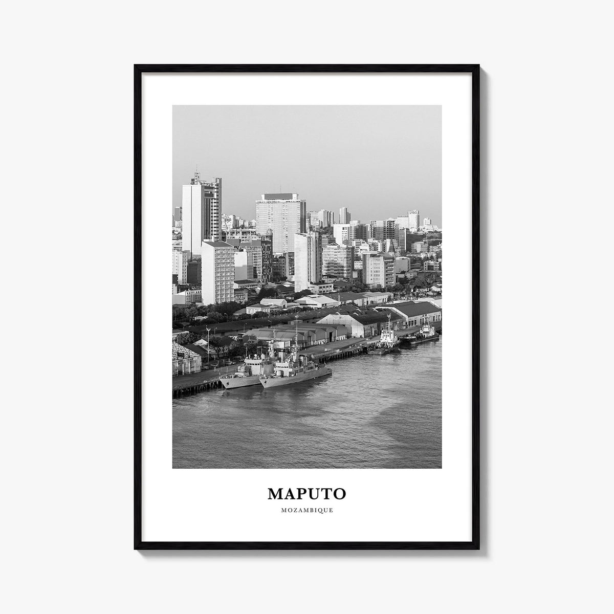 Maputo black & white classic poster of Mozambique – vertical wall art, unframed print shown in interior mockup