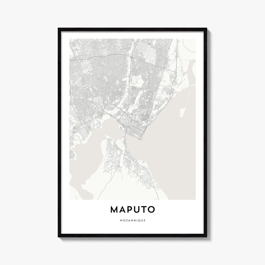 Maputo black & white map poster of Mozambique – vertical wall art, unframed print shown in interior mockup