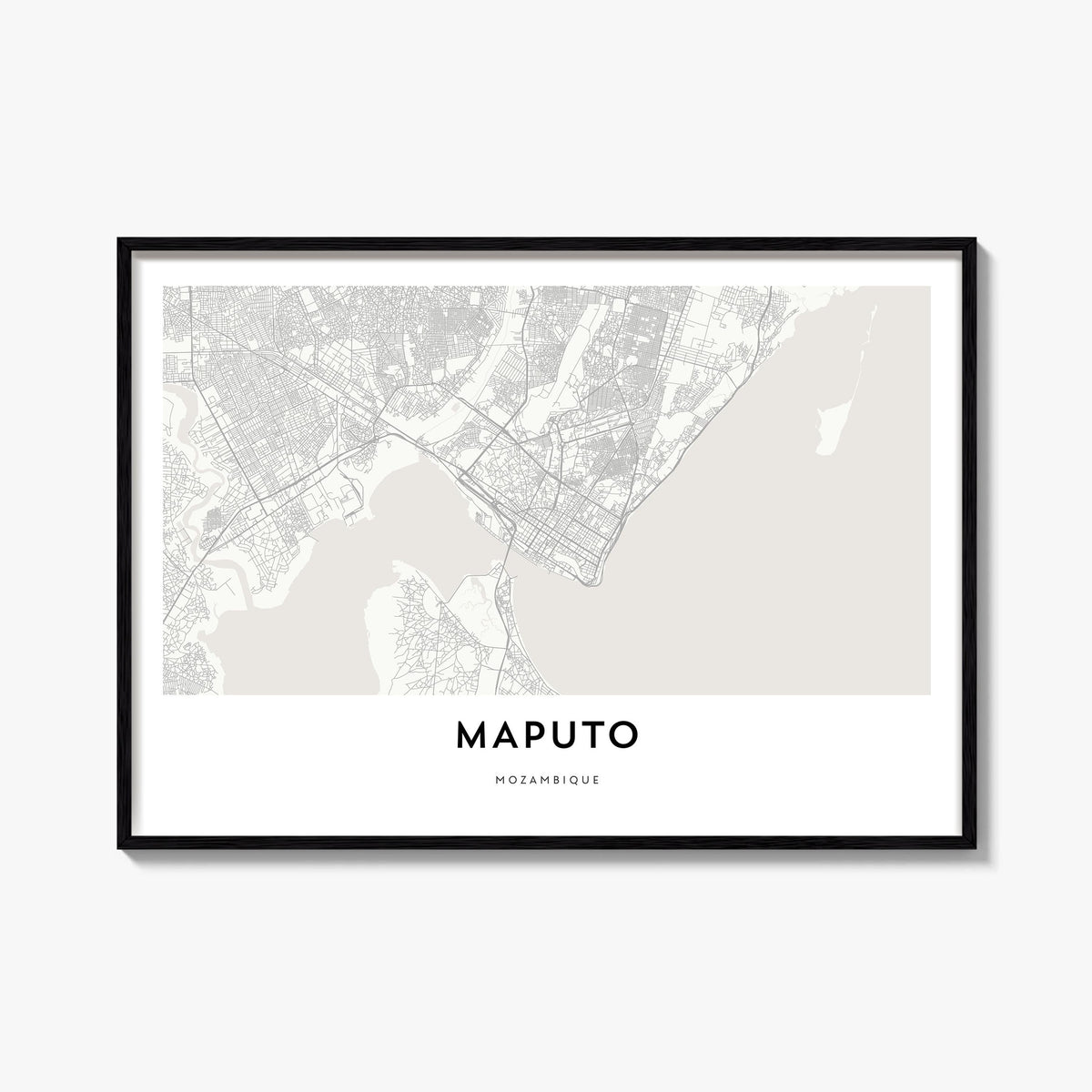Maputo black & white map poster of Mozambique – horizontal wall art, unframed print shown in interior mockup