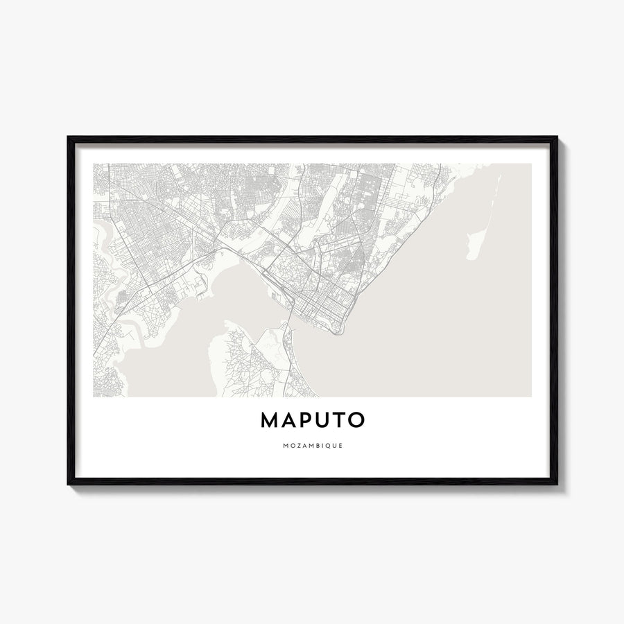 Maputo black & white map poster of Mozambique – horizontal wall art, unframed print shown in interior mockup