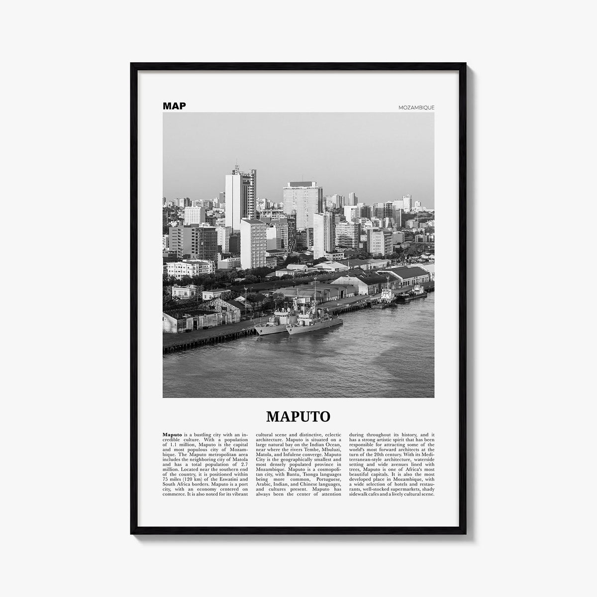 Maputo black & white newspaper poster of Mozambique – vertical wall art, unframed print shown in interior mockup