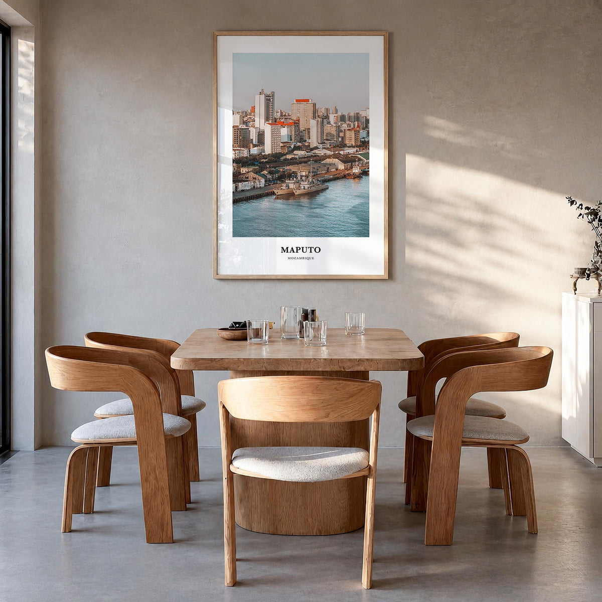 Maputo colorful classic poster of Mozambique – vertical wall art in natural wood frame, hanging on wall