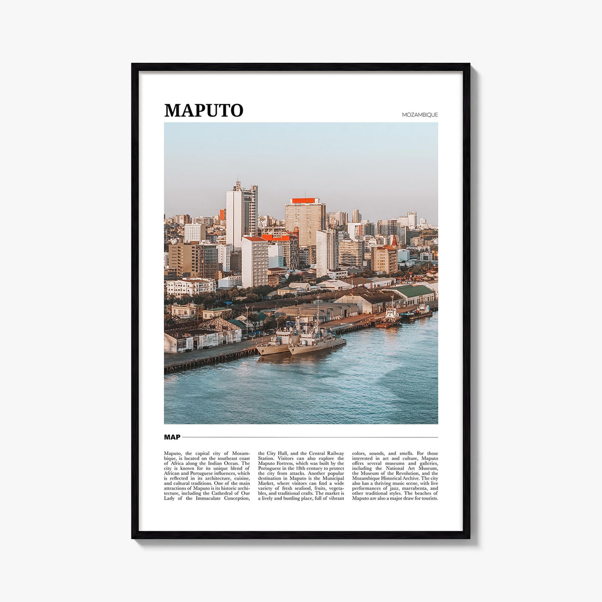 Maputo colorful travel poster of Mozambique – vertical wall art, unframed print shown in interior mockup