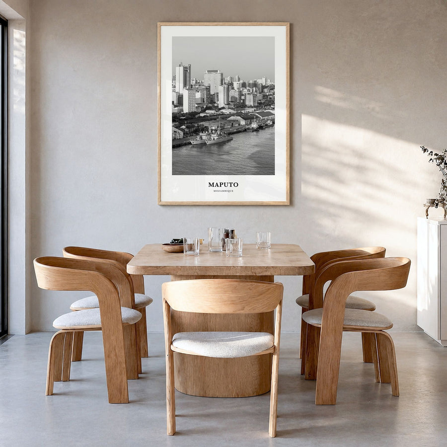 Maputo Classic Poster in a natural wood frame, hanging in a dining room