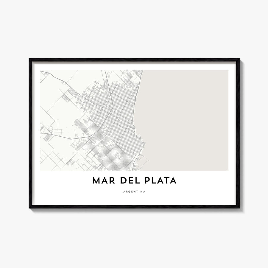 Mar del Plata black & white map poster of Argentina – horizontal wall art, unframed print shown in interior mockup