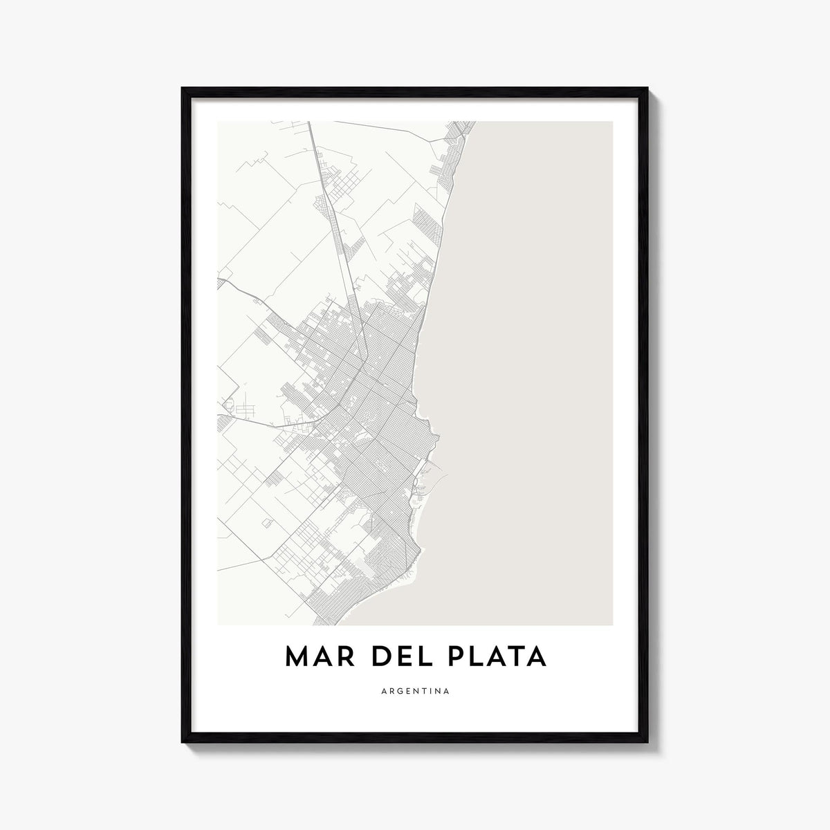 Mar del Plata black & white map poster of Argentina – vertical wall art, unframed print shown in interior mockup