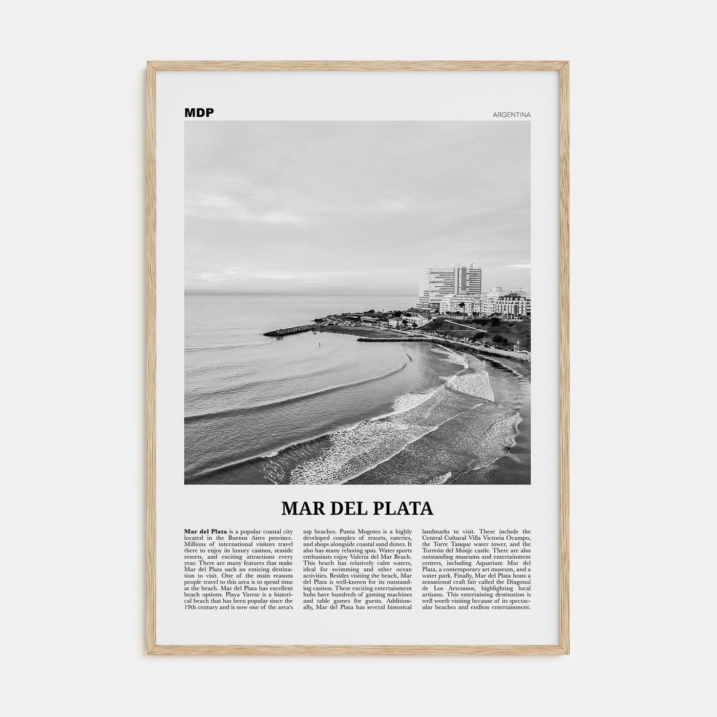 Mar del Plata Poster Natural Wood / 8x12 in Nbourhood Travel B&W Poster