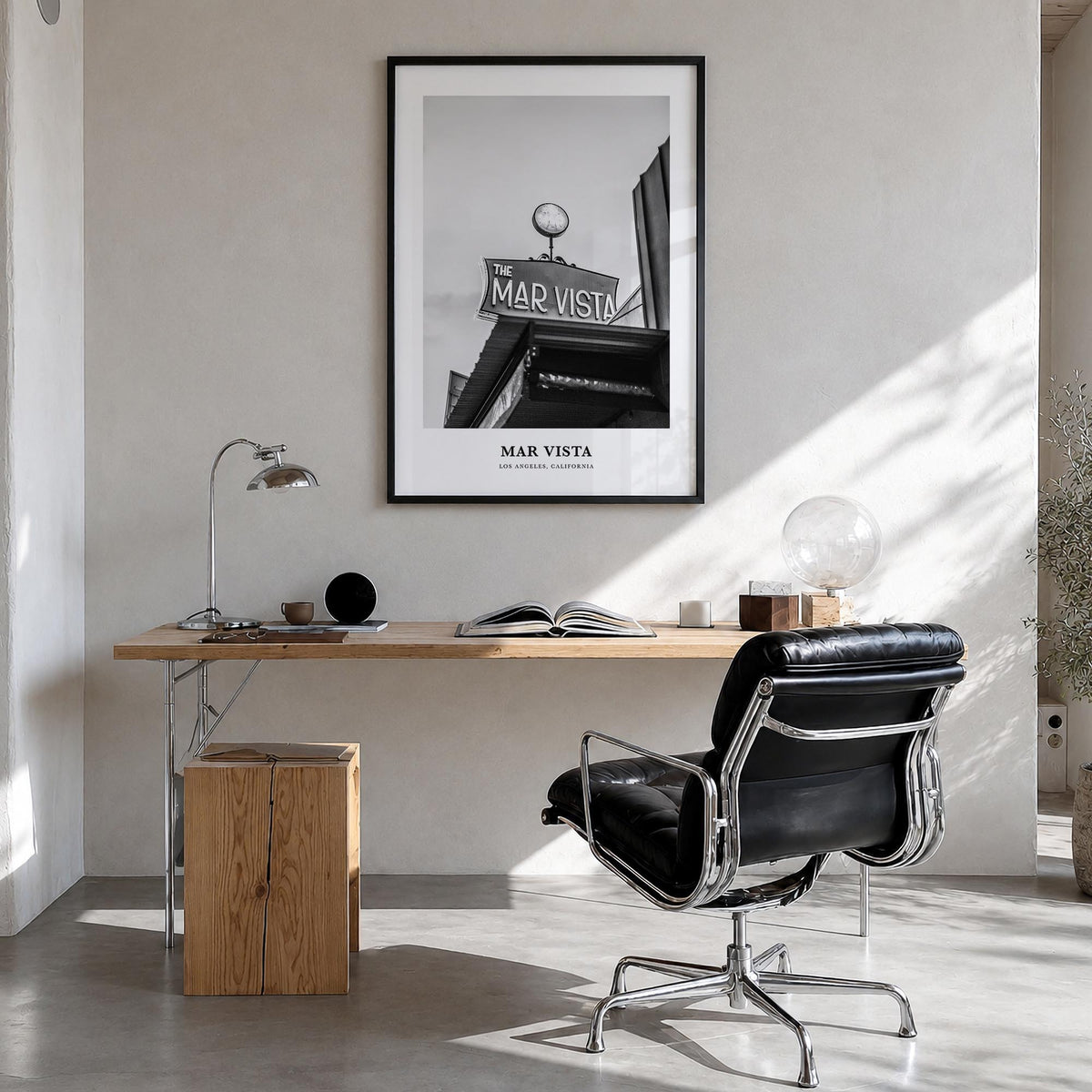 Mar Vista black & white classic poster of Los Angeles, California – vertical wall art in black wood frame, hanging on wall