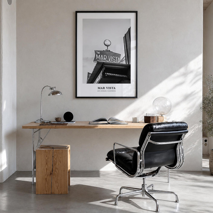 Mar Vista black & white classic poster of Los Angeles, California – vertical wall art in black wood frame, hanging on wall
