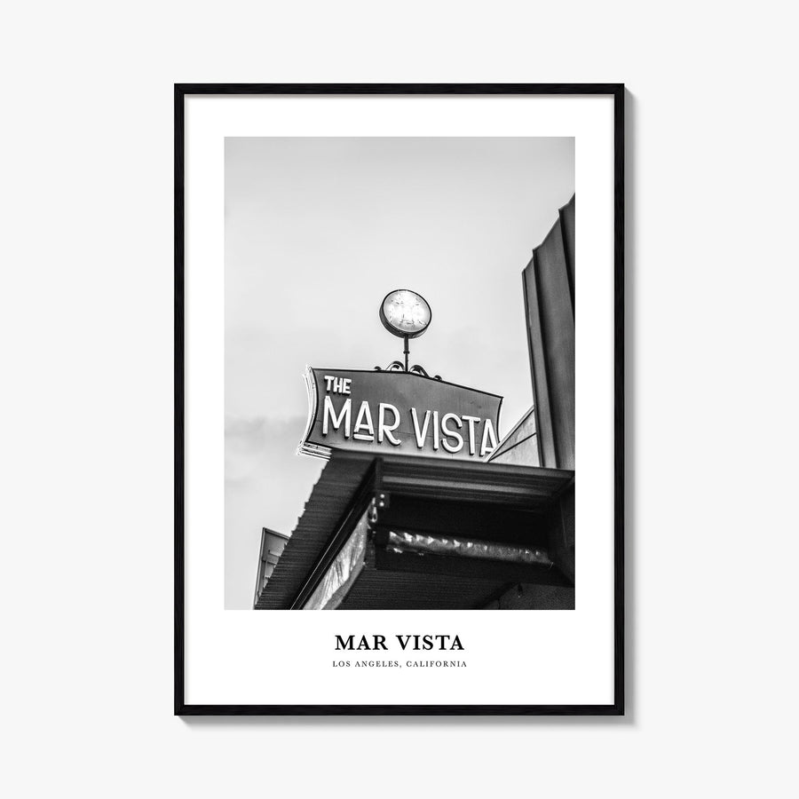 Mar Vista black & white classic poster of Los Angeles, California – vertical wall art, unframed print shown in interior mocku