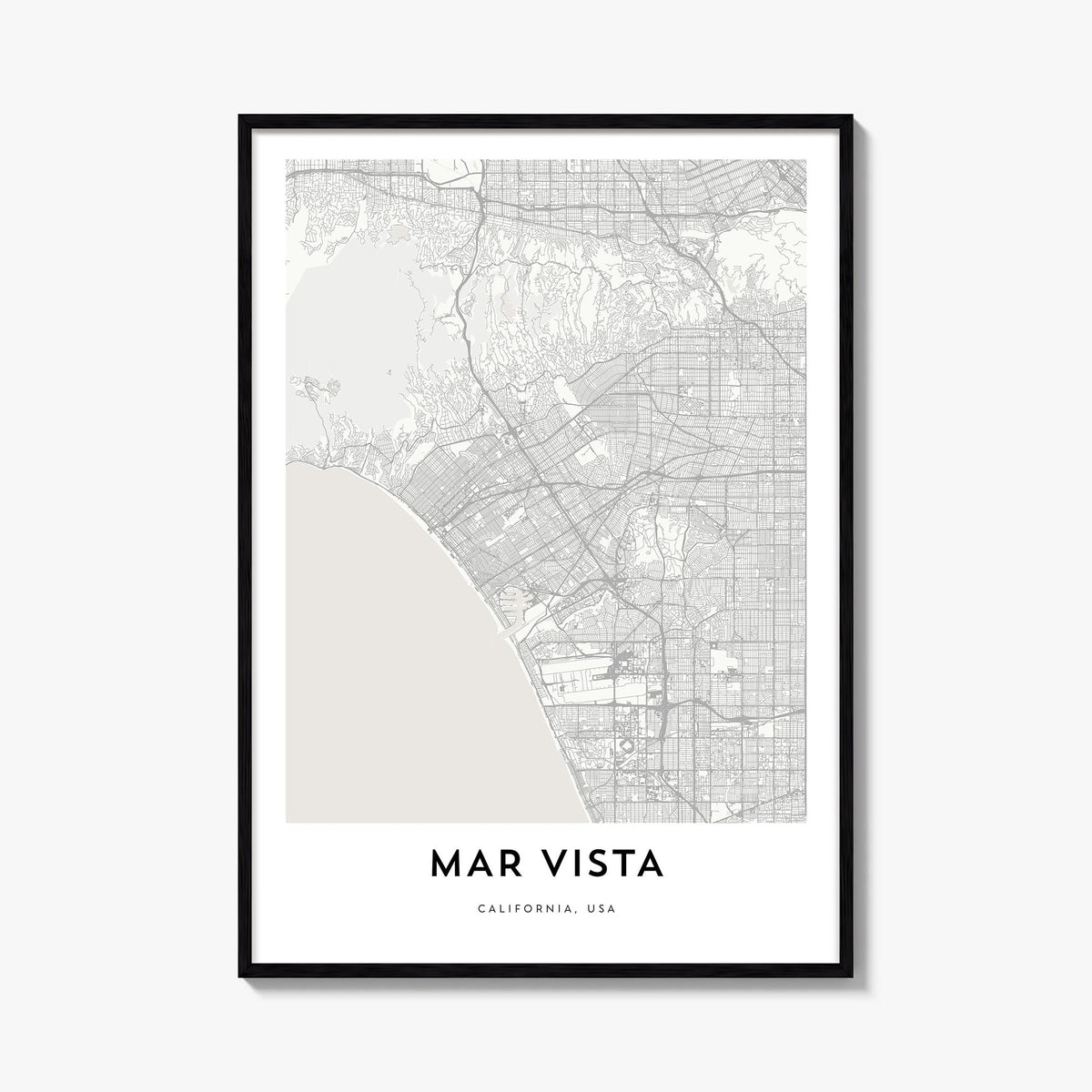 Mar Vista black & white map poster of Los Angeles, California – vertical wall art, unframed print shown in interior mockup