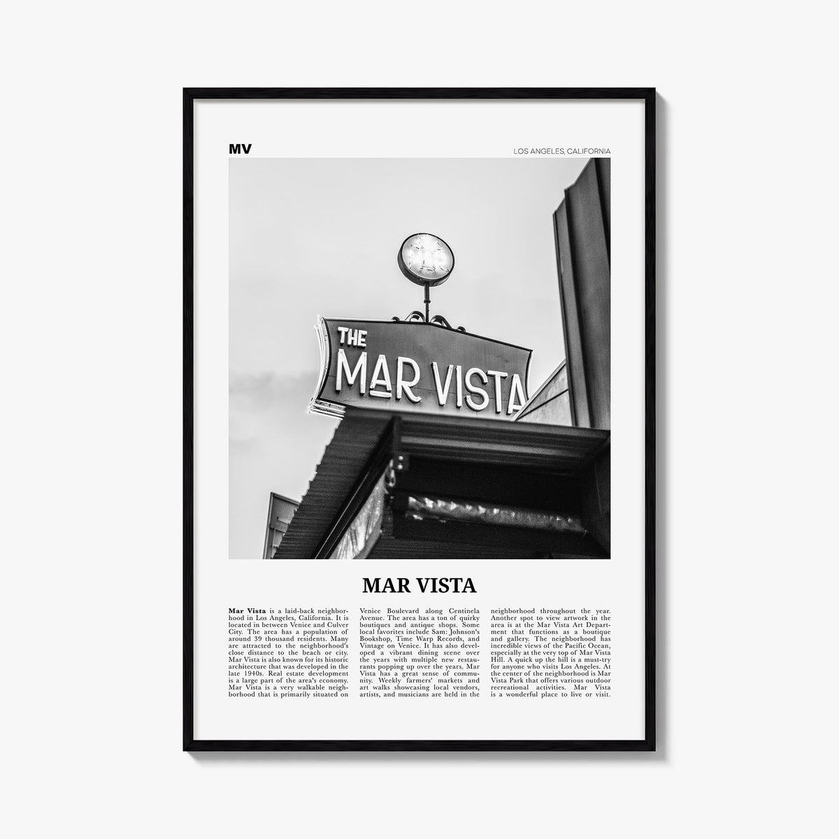 Mar Vista black & white newspaper poster of Los Angeles, California – vertical wall art, unframed print shown in interior moc