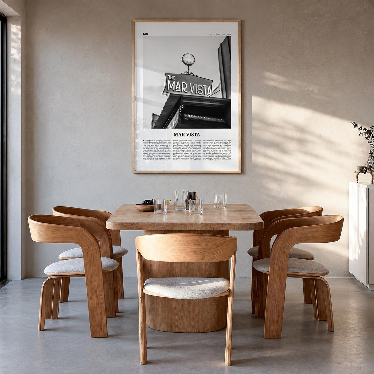 Mar Vista black & white newspaper poster of Los Angeles, California – vertical wall art in natural wood frame, hanging on wal