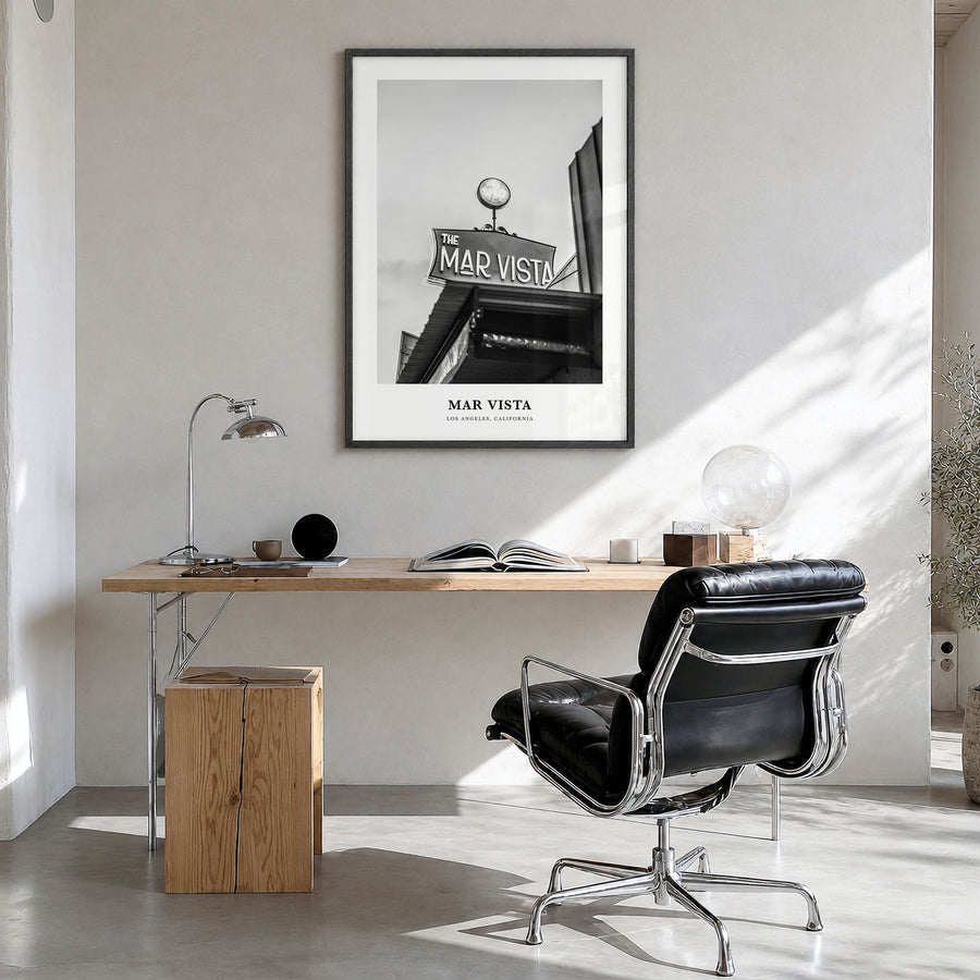 Mar Vista Classic Poster in a black wood frame, hanging in a bright home office