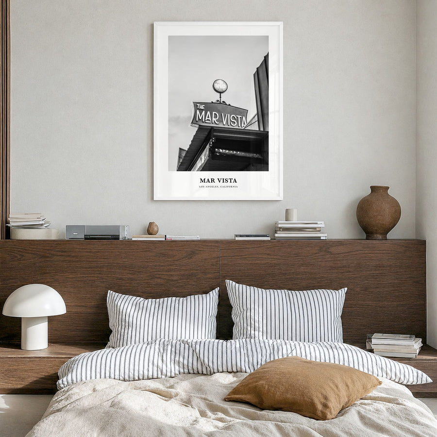 Mar Vista Classic Poster in a white wood frame, hanging in a bedroom