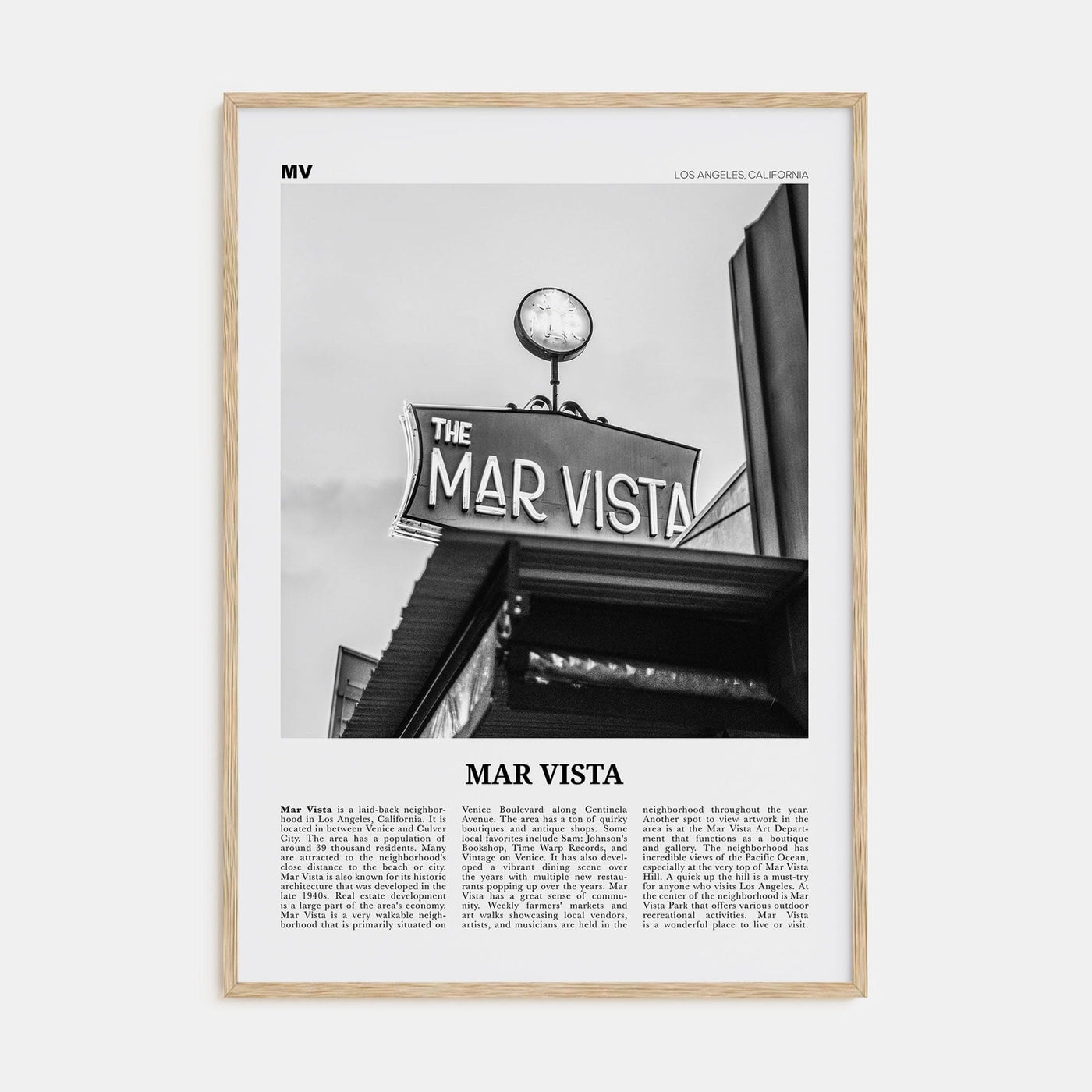 Mar Vista Poster Natural Wood / 8x12 in Nbourhood Travel B&W Poster