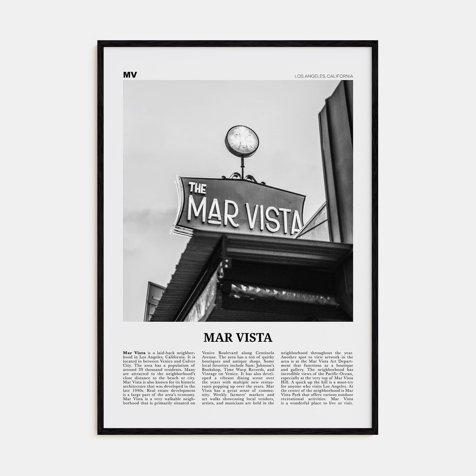 Mar Vista Poster Black Wood / 8x12 in Nbourhood Travel B&W Poster