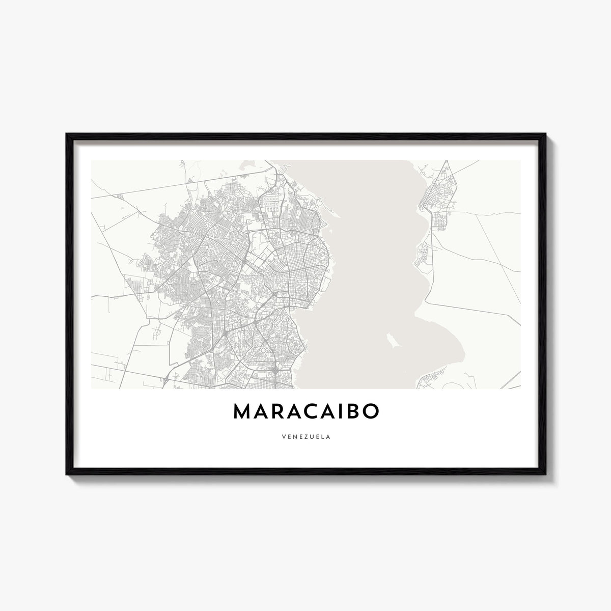 Maracaibo black & white map poster of Venezuela – horizontal wall art, unframed print shown in interior mockup