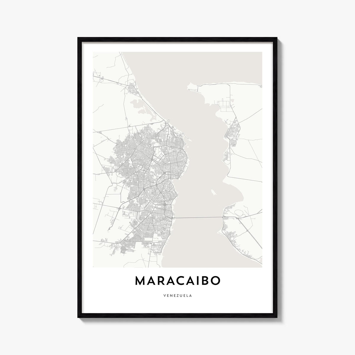 Maracaibo black & white map poster of Venezuela – vertical wall art, unframed print shown in interior mockup