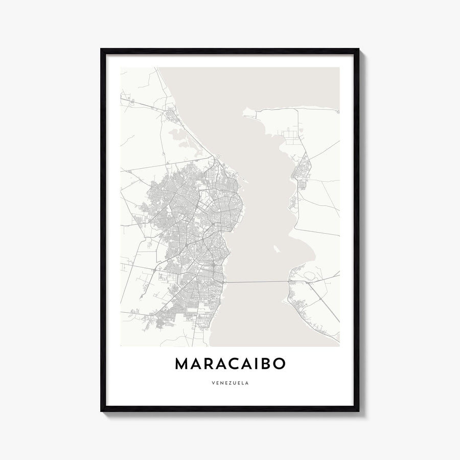 Maracaibo black & white map poster of Venezuela – vertical wall art, unframed print shown in interior mockup