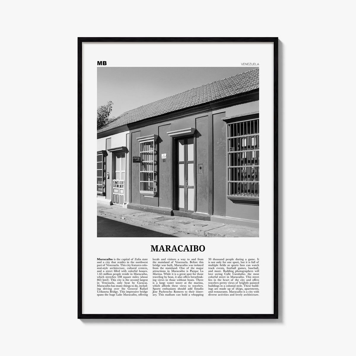 Maracaibo black & white newspaper poster of Venezuela – vertical wall art, unframed print shown in interior mockup