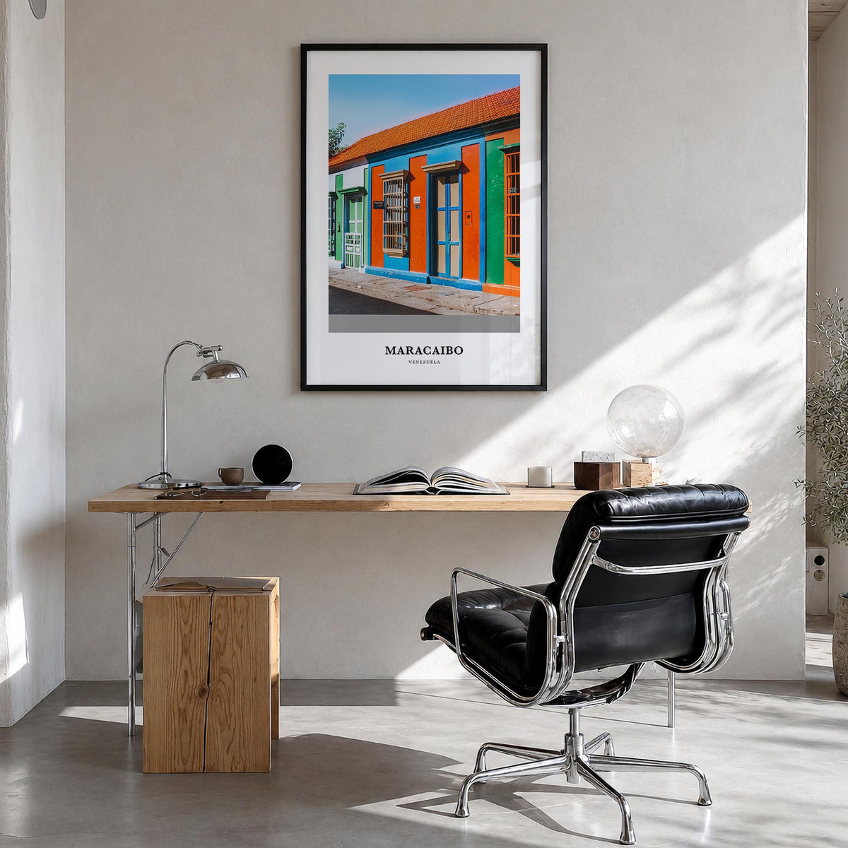 Maracaibo colorful classic poster of Venezuela – vertical wall art in black wood frame, hanging on wall