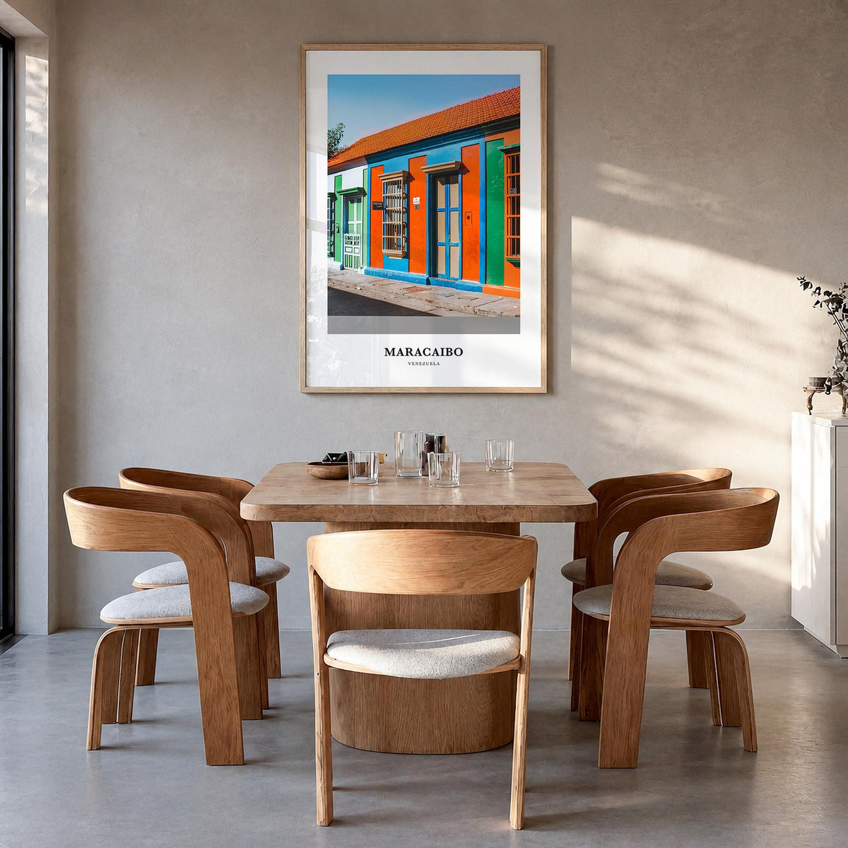Maracaibo colorful classic poster of Venezuela – vertical wall art in natural wood frame, hanging on wall