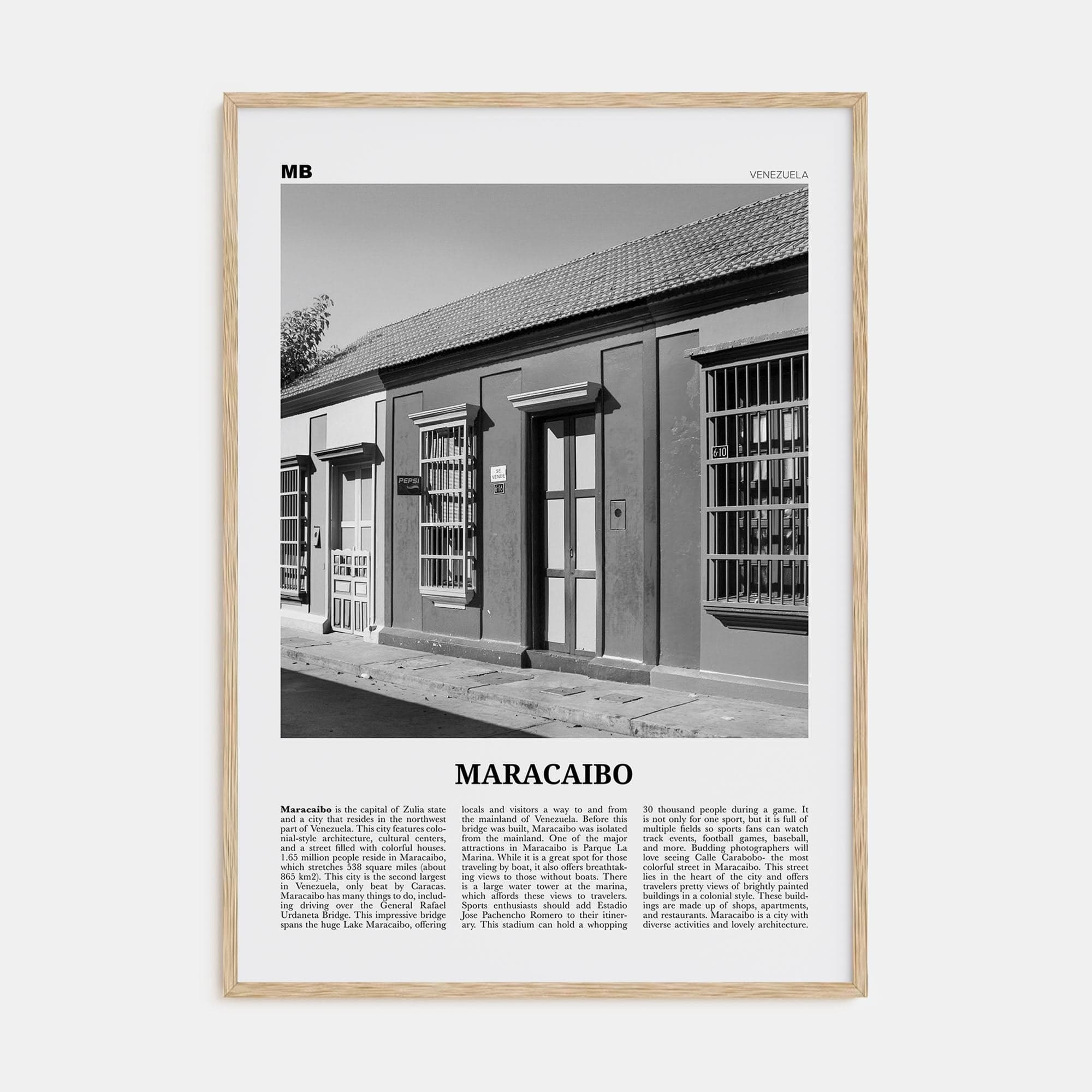 Maracaibo Poster Natural Wood / 8x12 in Nbourhood Travel B&W Poster