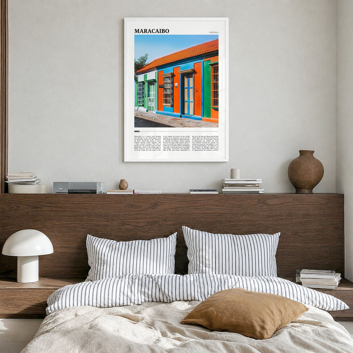 Maracaibo Travel Poster in a white wood frame, hanging in a bedroom