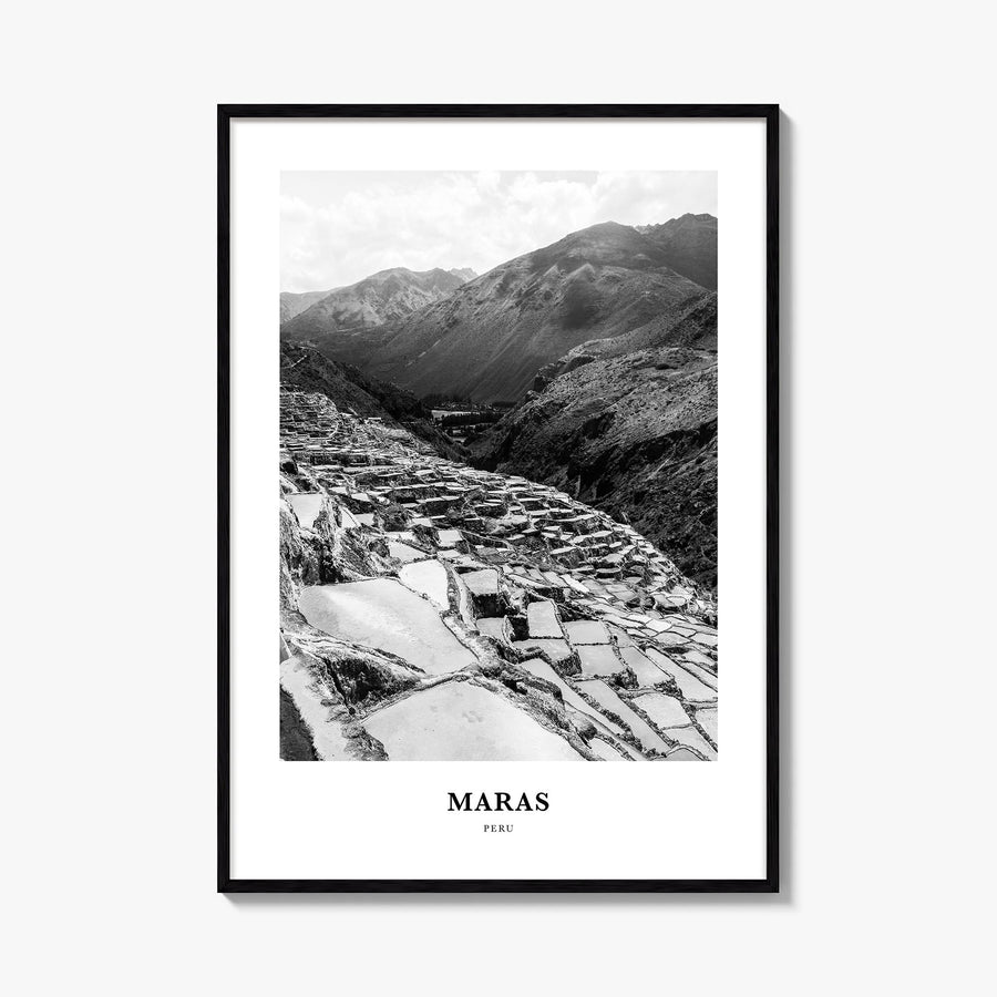 Maras black & white classic poster of Peru – vertical wall art, unframed print shown in interior mockup