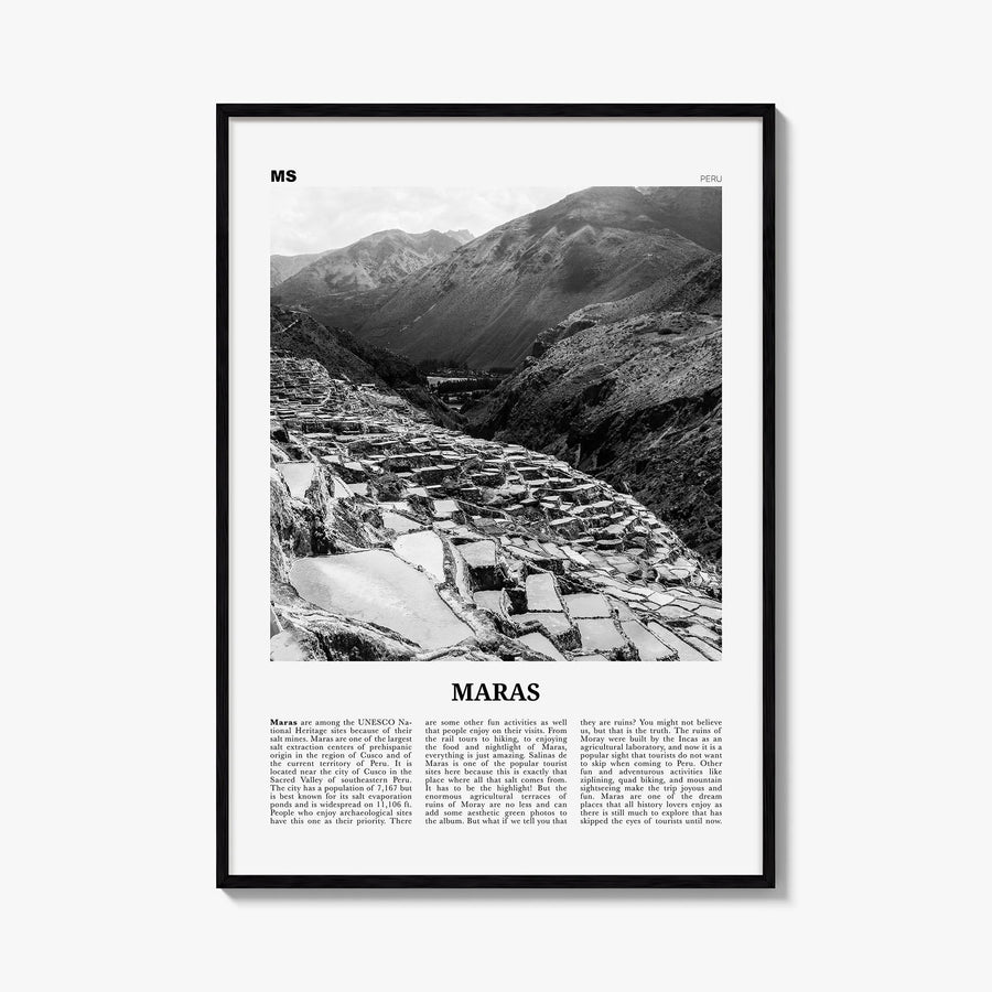 Maras black & white newspaper poster of Peru – vertical wall art, unframed print shown in interior mockup