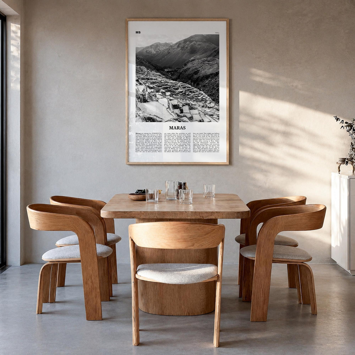 Maras black & white newspaper poster of Peru – vertical wall art in natural wood frame, hanging on wall