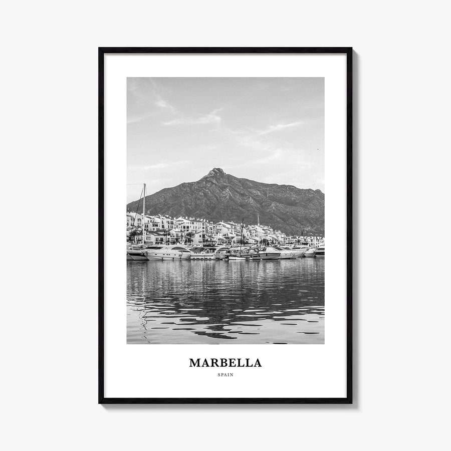 Marbella black & white classic poster of Spain – vertical wall art, unframed print shown in interior mockup