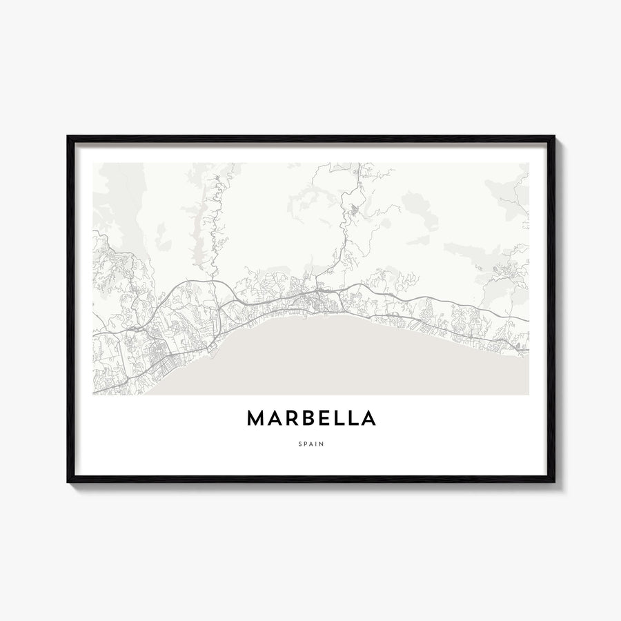 Marbella black & white map poster of Spain – horizontal wall art, unframed print shown in interior mockup