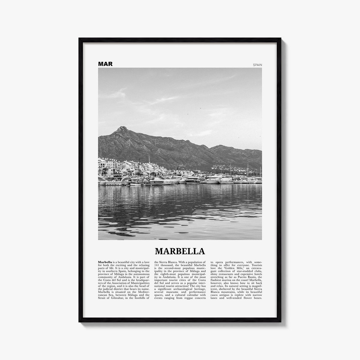 Marbella black & white newspaper poster of Spain – vertical wall art, unframed print shown in interior mockup